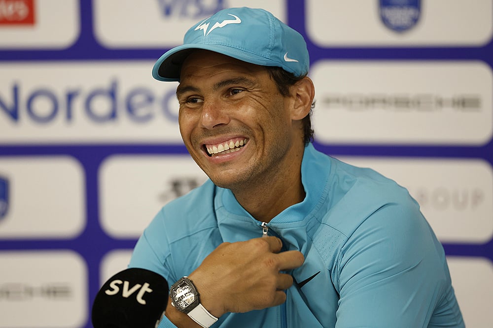 | Photo: Adam Ihse/TT News Agency via AP : Rafael Nadal of Spain speaks after his men's singles match